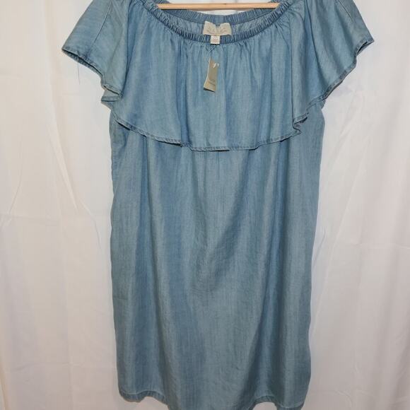 NWT Hinge Top One Size Blue Chambray Ruffled Elastic Neck - Picture 11 of 15